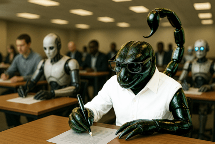 Bar exam, with humans blurred out and an android and scorpion (with white collared shirt, pen in hand) taking the exam.