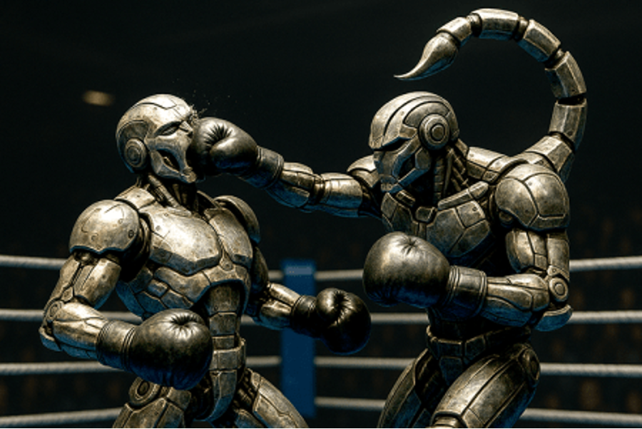 Two metal androids in boxing ring, one with a right hook to the other's nose.