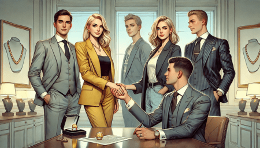 Six business people in room with pictures of necklaces and ring on the desk, 2 shaking hands.