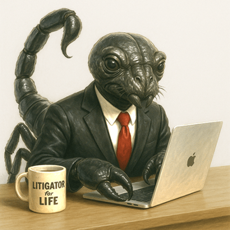 Scorpion in a suit typeing on an apple computer, with coffee cup "Litigator for life."