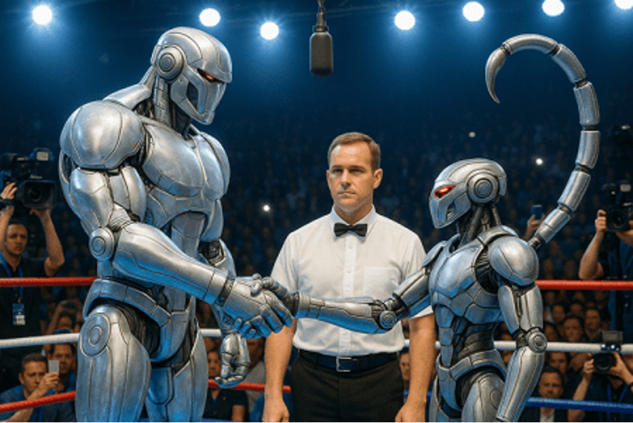 Two metal androids shaking hands in the boxing ring, with bow tied ref between them. One with tail is very short.
