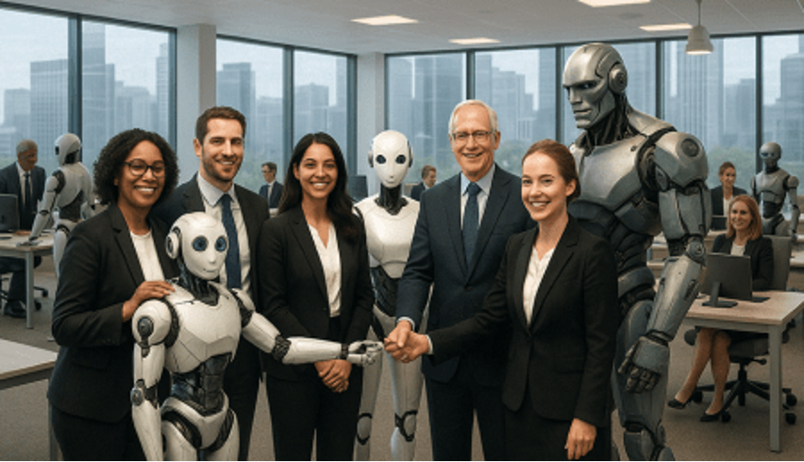 6 Humans in group with three androids of different heights and color.