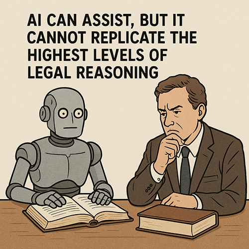 Robot sitting at table, open book, with unhappy man. "AI can assist, but it cannot replicate the highest levels of legal reasoning."