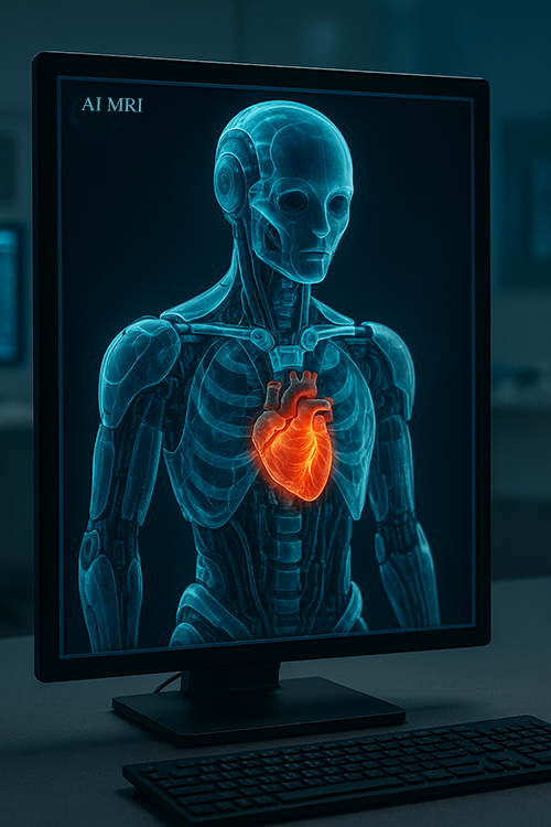 large monitor with an upper torso MRI'd, showing a red heart.