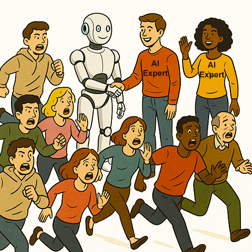 AI experts shaking hands wih android, humans running while yelling, comic style drawing.