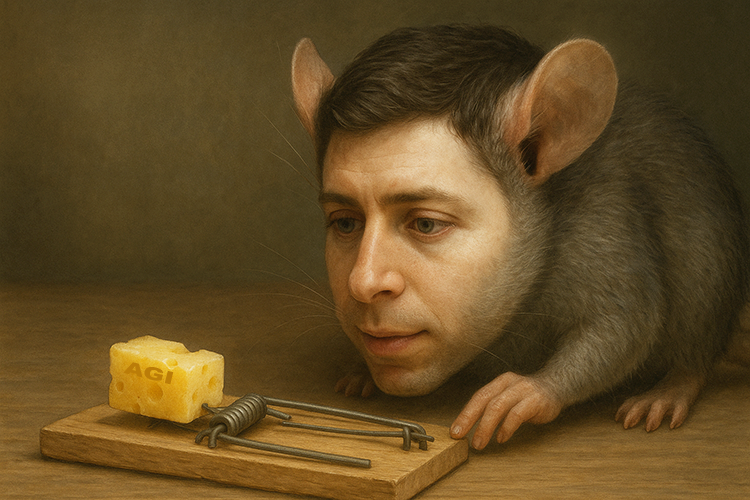 Sam Altman as a mouse looking with curiosity at the AGI labeled cheese, set on the mousetrap.