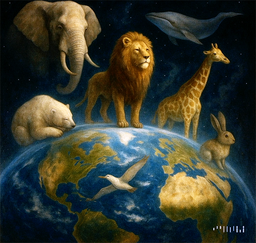 Elephant, Lion, Giraffe, rabbit, polar bear, bird perched on top of gaia-like earth globe.