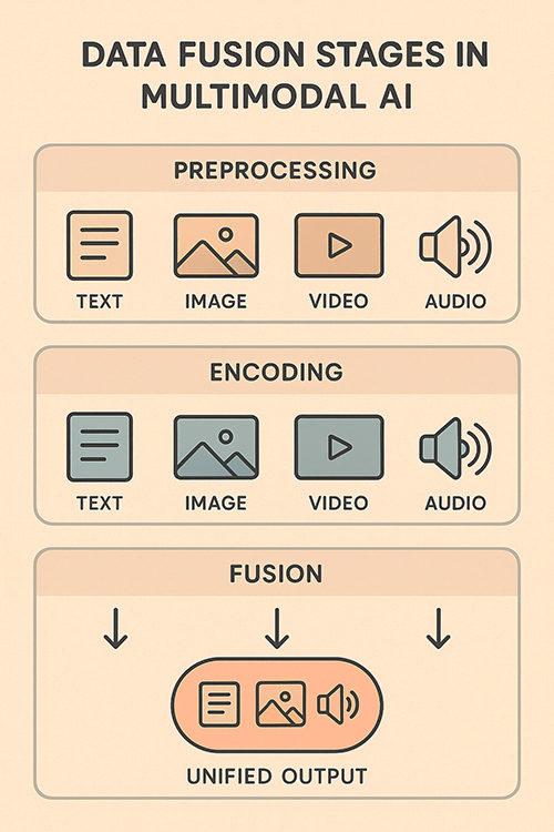 Data Fusion Stages in Multimodal AI, preprocessing (text, image, video, audio), then encoding the same, then, fusion for the unified output.