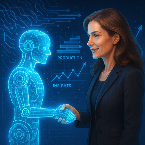 AI shaking hands with person, graphs in background.