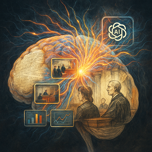 Brain as backdrop for humans in court, graphs, digital video, synapses glowing, AI emblem in right upper corner.