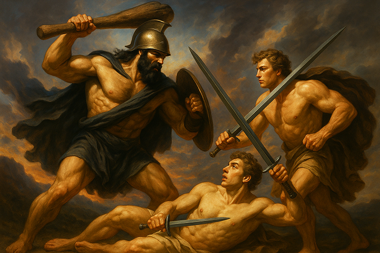 Orion and the Gemini Twins fight, twins with swords, Orion with a club.