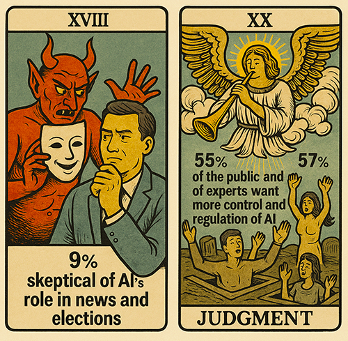 2 cards, 18 and 20, a devil talks to man, 9 percent sceptical of AI's role in news and elections, over half of the public and experts want more control and regulation of AI (Judgment card)