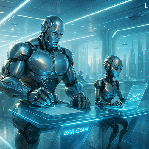 Large and little metal robots with human heads taking the bar exam in sci fi style.
