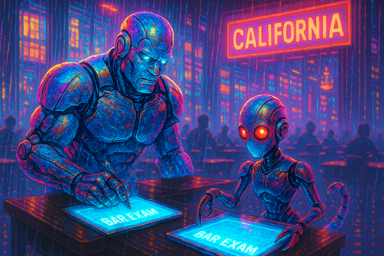 Large and little metal robots with human heads taking the bar exam, neon lighted sign says California, cyberpunk style.