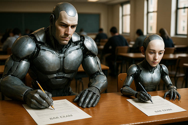 Large and little metal robots with human heads taking the bar exam.