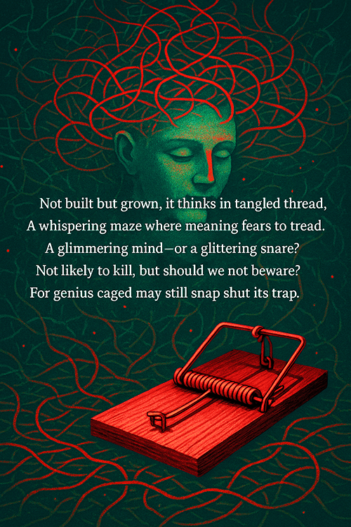Green face with red nose bridge and a red hued mousetrap. A poem: "Not built but grown, it thinks in tangled thread, a whispering maze where meaning fears to tread. A glimmering mind - or a glittering snare? Not likely to kill, but should we not beware? For genius caged may still snap shut its trap."