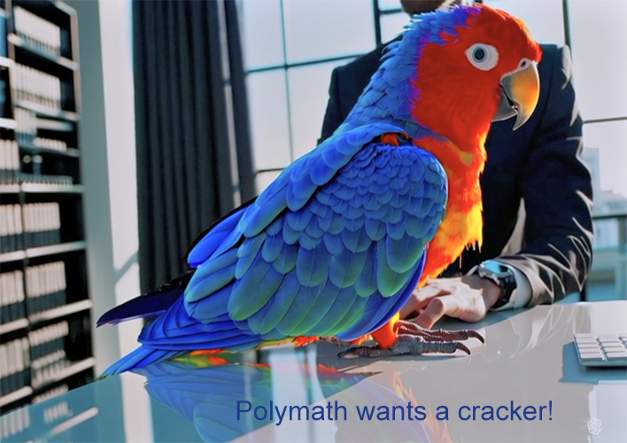 Parrot on a conference table with man seated. "Polymath wants a cracker!"