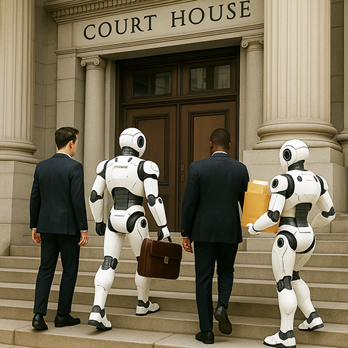 AI Robot carries briefcase for attorneys ascending steps to courthouse.