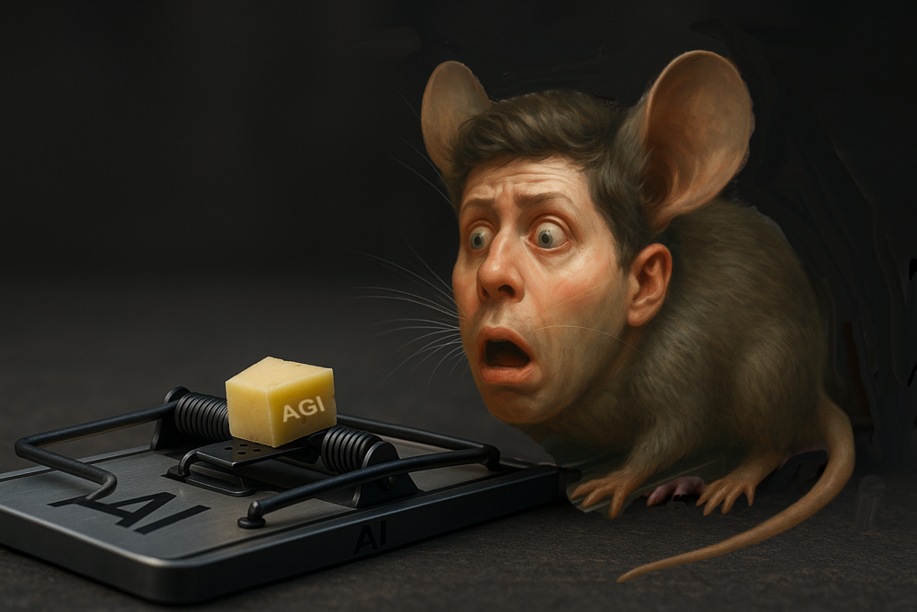 Sam Altman as a mouse with big ears, open mouth and big eyes, looking at the cheese labeled AGI, set as food in the mousetrap.