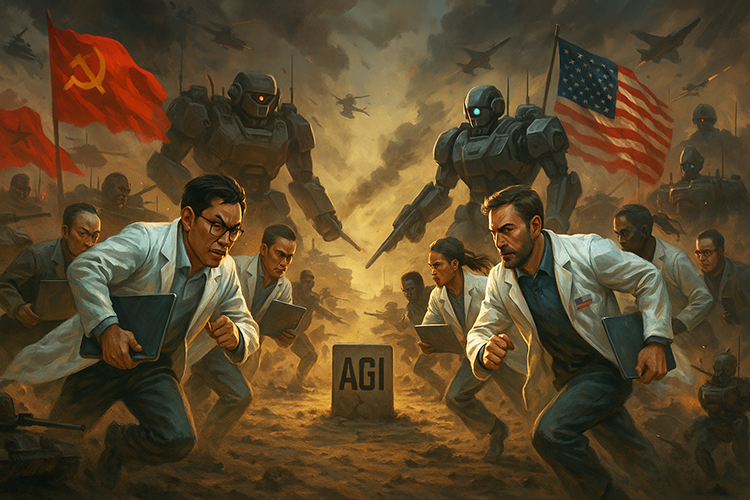 Scientists battle over AGI with armed robots, flags of US and China on opposite sides.