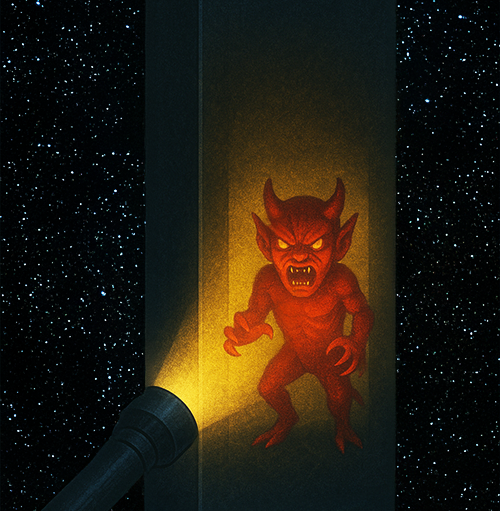 Light shown on a classical devil with horns against the night sky.