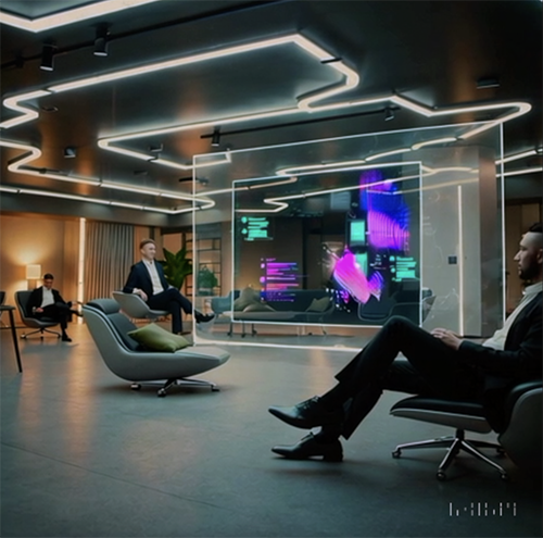 Futuristic low fashionable chairs, with business people under neon, with a hologram in the center.