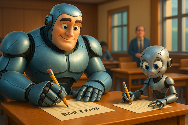 Large and little metal robots with human heads taking the bar exam in Pixar style. Monitor at the back.
