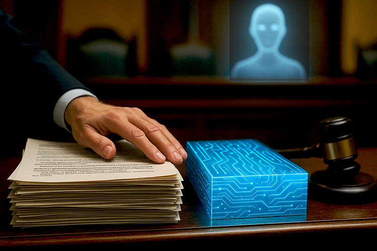 Hand on stack of papers, digital person on screen in background with digital box next to papers.