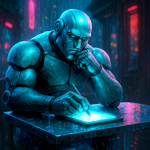 Pensive robot writing on a tablet with a stylus in cyberpunk style.