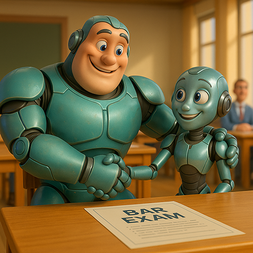 Big robot shakes hands with little robot at the bar exam. Pixar style.