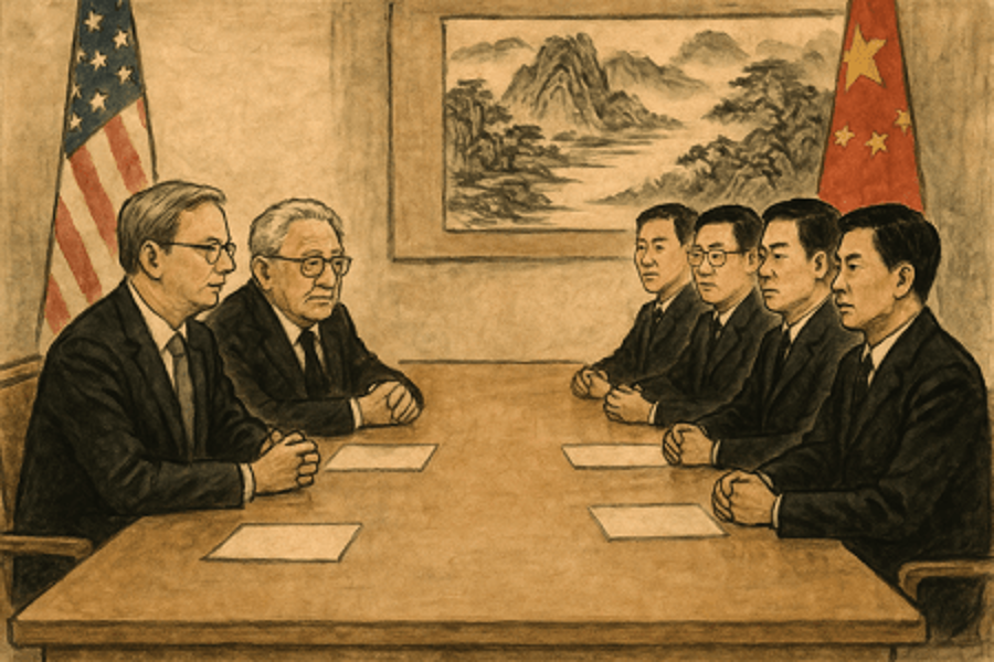 Kissinger and Schmidt meet with four Chinese officials, with flags of the US and China, and a Chinese artwork on the wall above the conference table