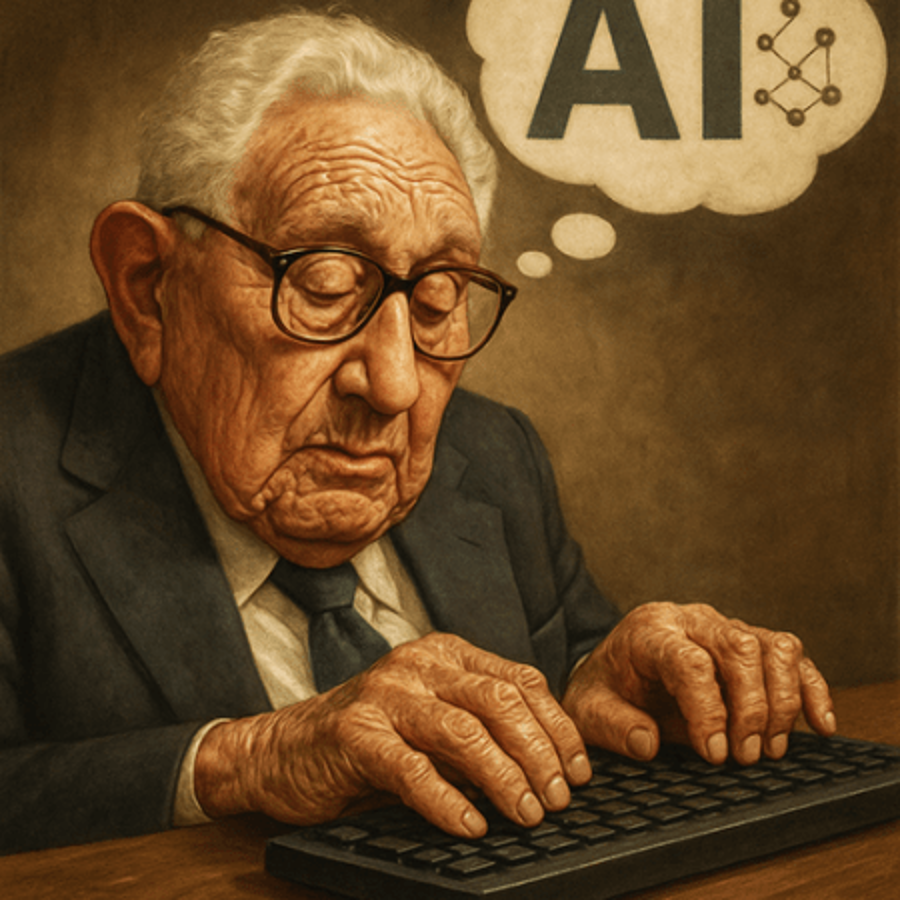 AI image of Henry writing about AI and religion.