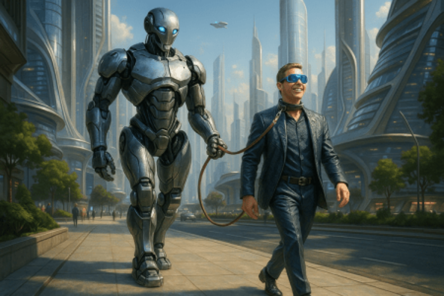 Robot takes pet human for walk on leash.