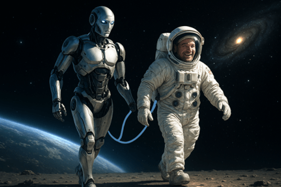 Robot takes pet human on field trip to moon.