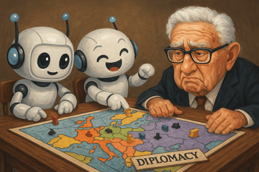 Unhappy Kissinger losing to two baby AI's playing the board game "Diplomavy."
