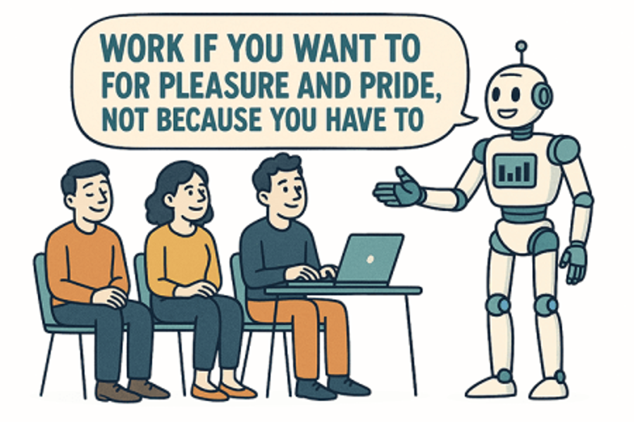 Robot coaches people: Work if you want to for pleasure and pride, not because you have to.