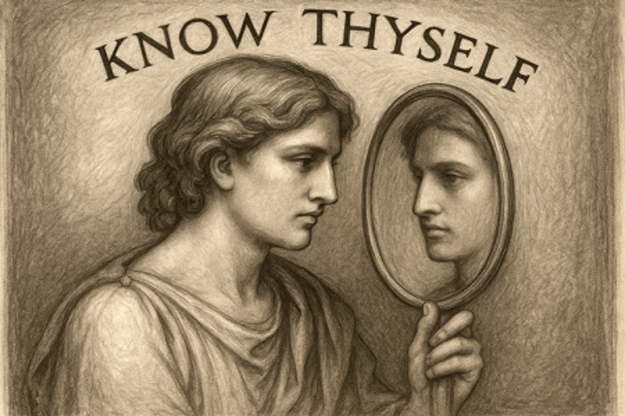 Person looking in mirror: Know thyself.