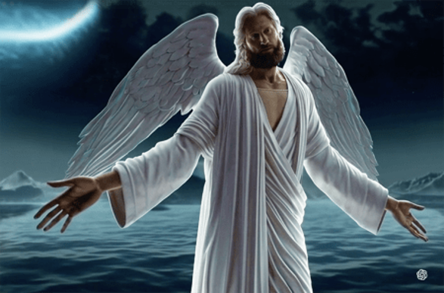 Angelic, savior looking winged bearded man above the waters draped in white.