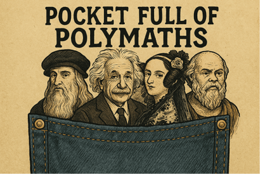 Blue jeans pocket with Einstein and other polymaths in it "Pocket full of Polymaths."