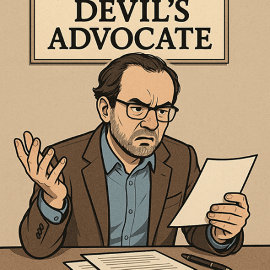 Devil's advocate, angry man looking at paper.