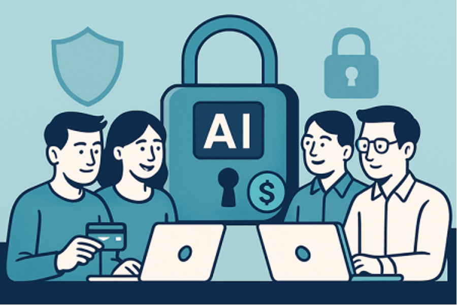 Lock with AI, and a dollar sign, people giving credit cards to sign up, cartoonish.