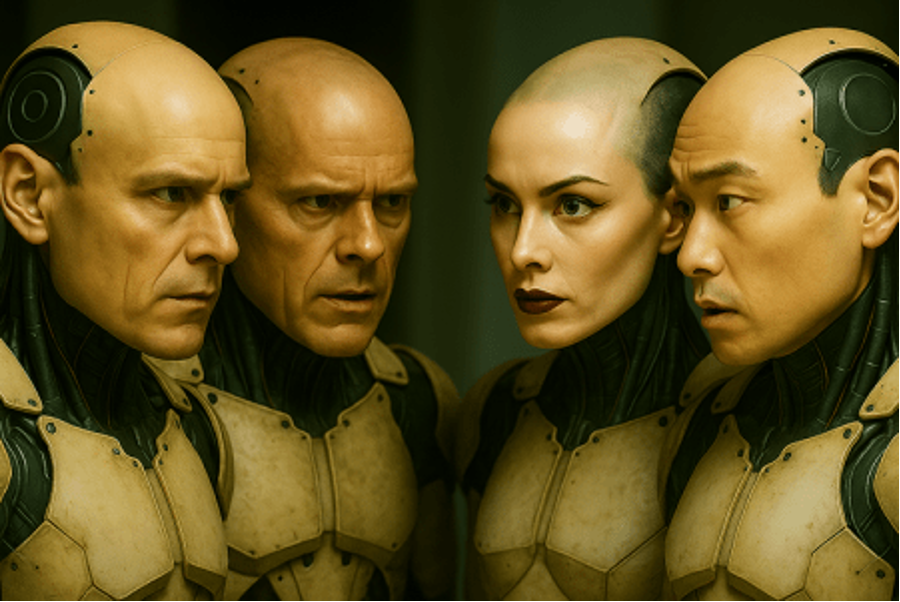 4 intense robot hybrids in a huddle