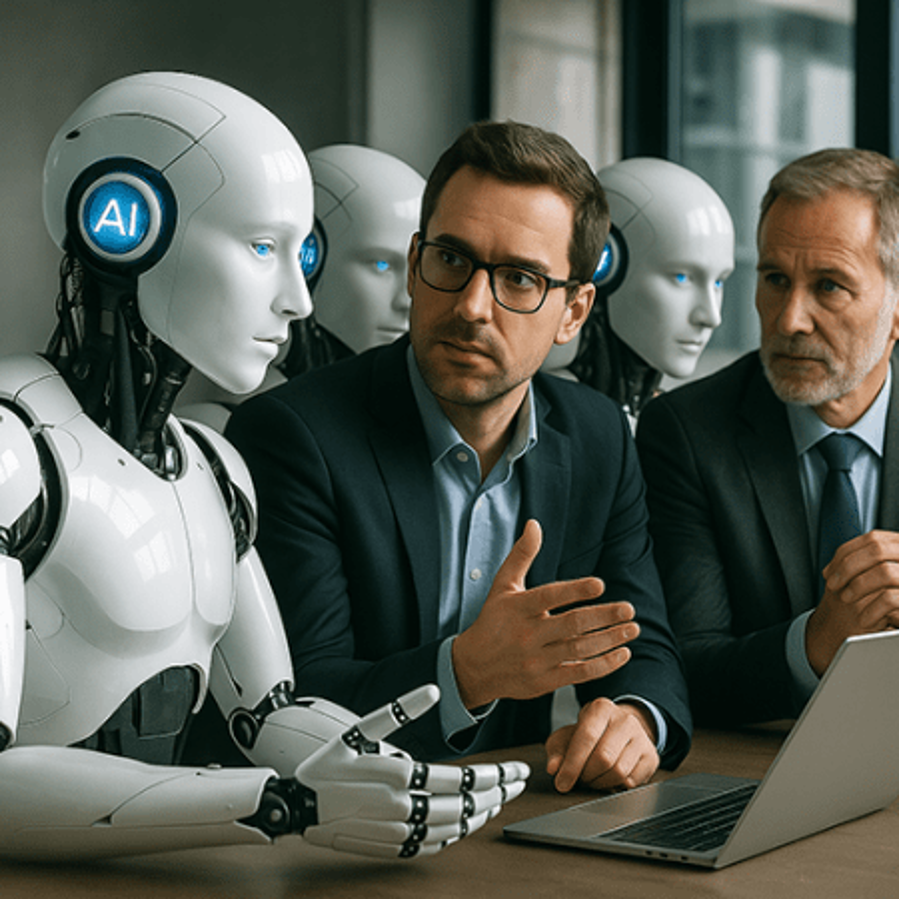 Man explaining to robot, with his human colleague