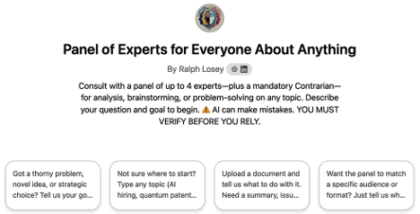 Opening screen for the GPT Panel of Experts for Everyone About anything.