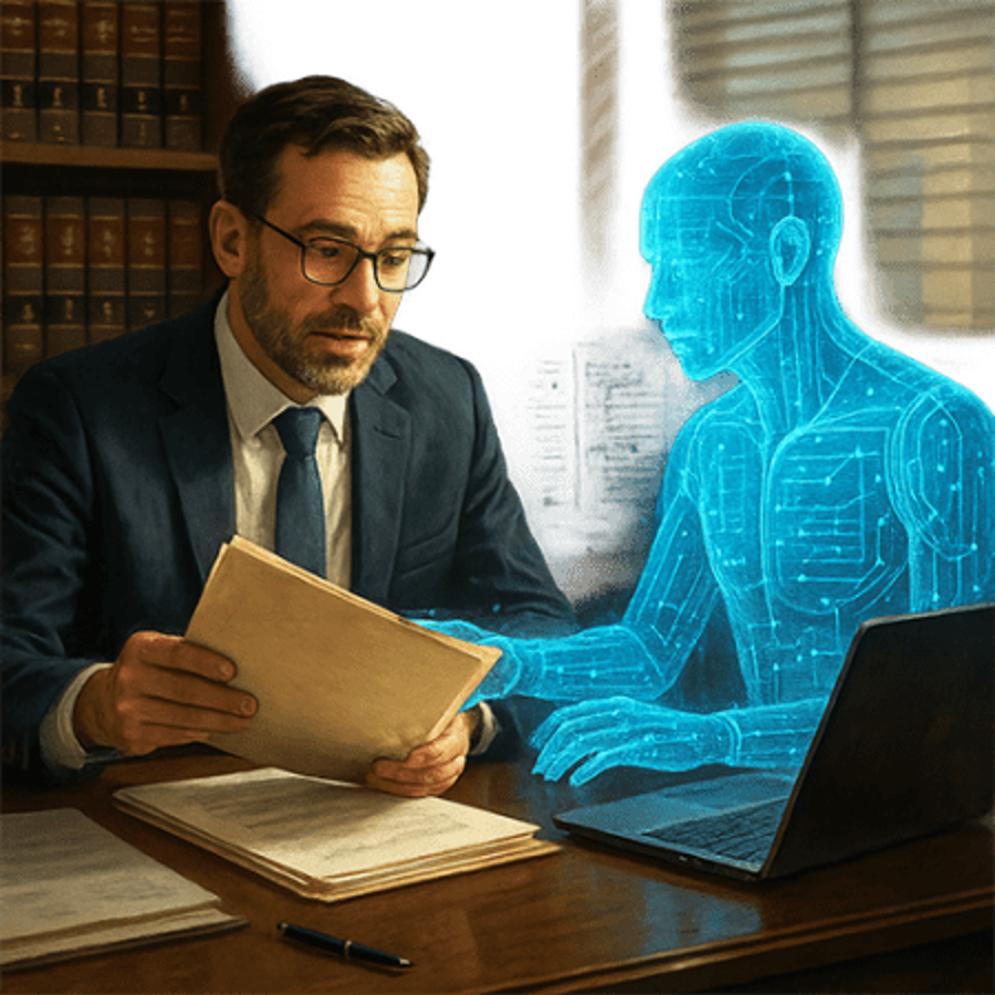 Suited man with 5 o'clock shadow working with a paper document with a hologram android.