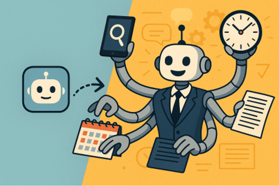 Robot with six arms with a clock, a document, a calendar, a search magnifying glass and a head (thinking?)