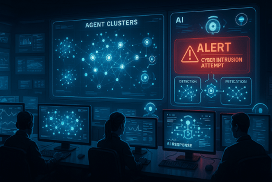 Big dashboard on a wall, with a red alert for a cyber intrusion attempt, showing agent clusters.