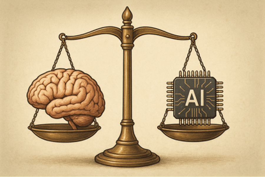 Scales of justice, one side with a brain, the other side with an AI chip. Equal.