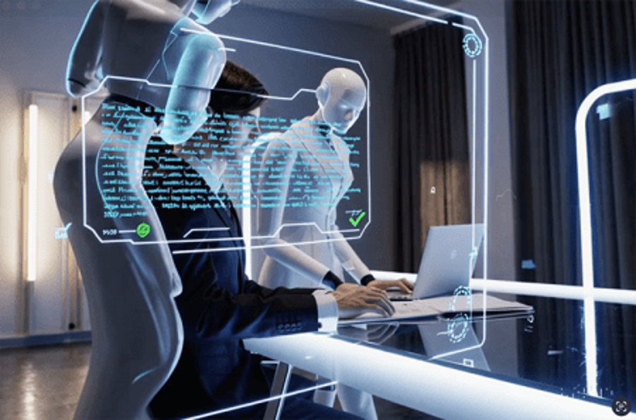 Androids working with a human at glass top table.
