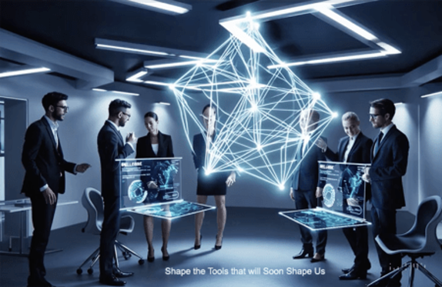 Hologram in center of room indicating a communmication network with humans standing and talking.